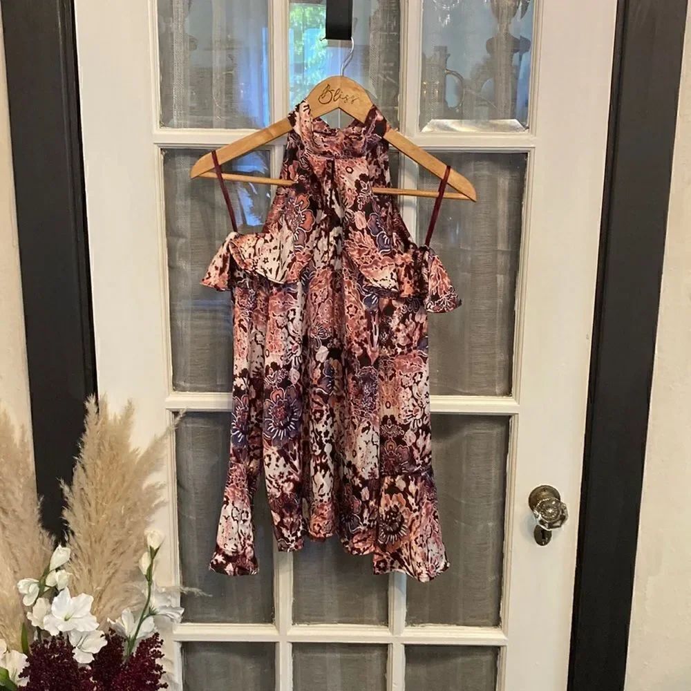 Pink Floral Cold Shoulder RuffleTop - Picture 3 of 16